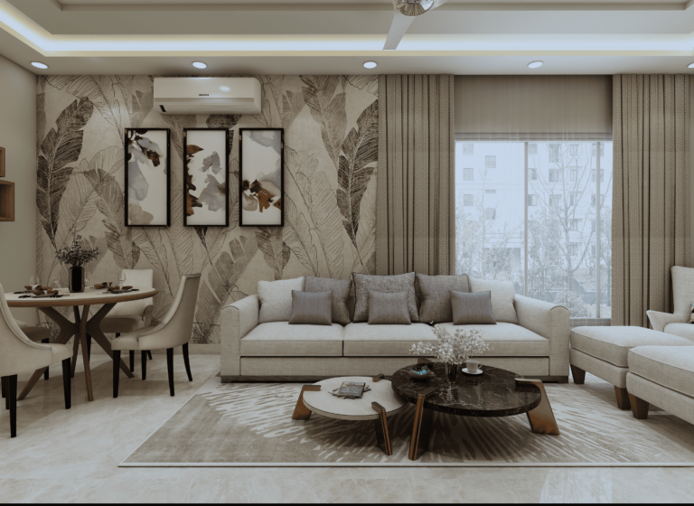 1BHK LIVING ROOM WITH COFFEETABLE - CENTER TABLE - AND DINING TABLE-min